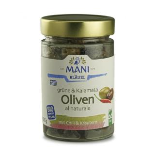 Grüne u Kalamata Oliven Chili u Kräutern mit Stein , 205g