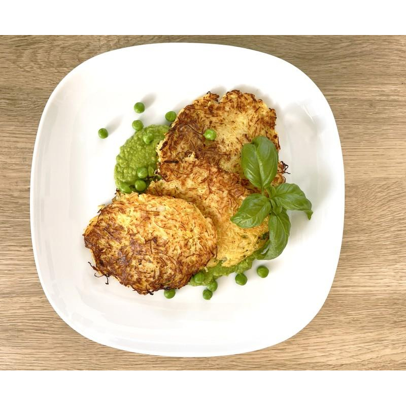 Spaghettikürbis-Puffer mit Erbsenpüree